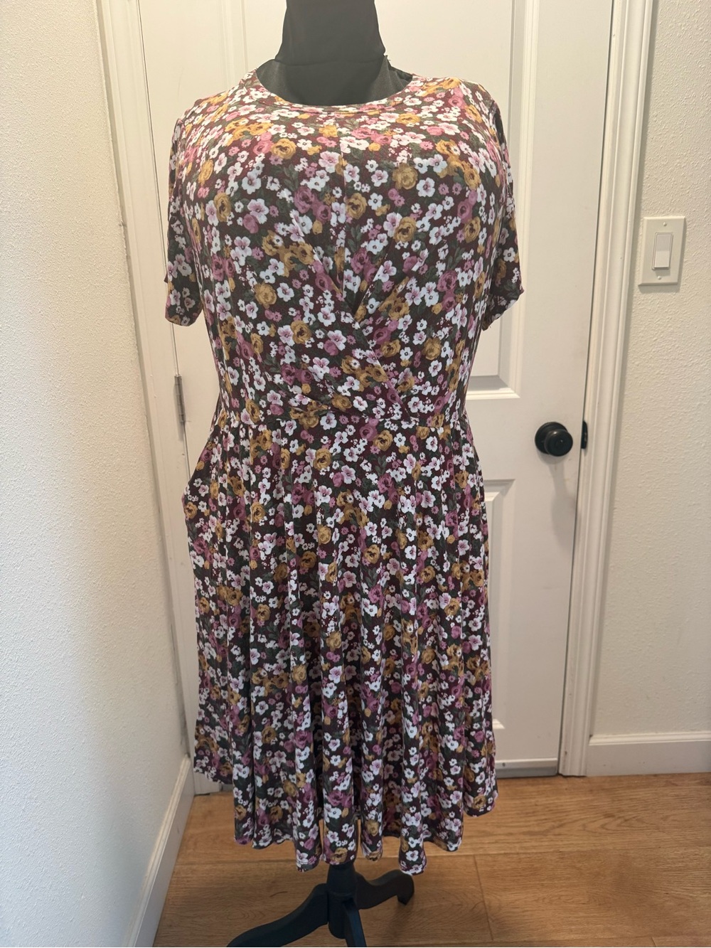 Torrid Skater Floral Short Sleeve Midi Dress in Brown and Pink